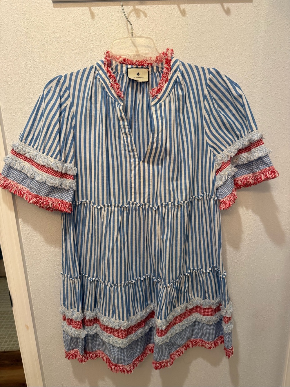 Tuckernuck Blue and White Striped Ruffle Tunic with Red Fringe
